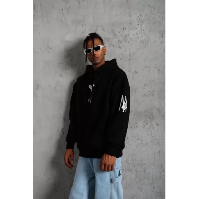 Biçomi Unisex Sırt Baskılı Kapüşonlu Üç İplik Oversize Sweatshirt - Siyah