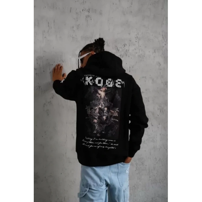 Biçomi Unisex Sırt Baskılı Kapüşonlu Üç İplik Oversize Sweatshirt - Siyah