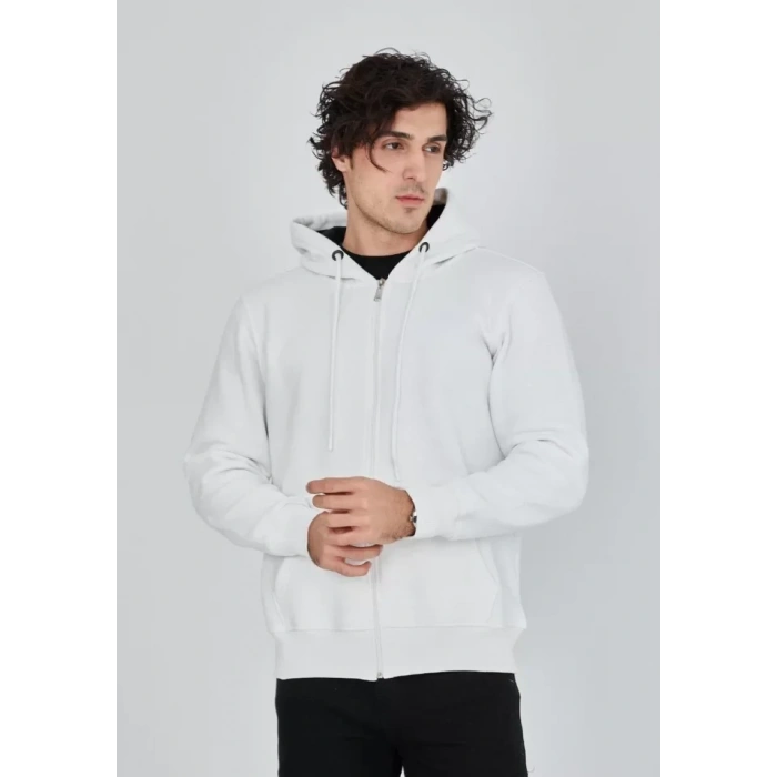 Biçomi Unisex Tam Fermuarlı Kapşonlu  SweatShirt - Beyaz