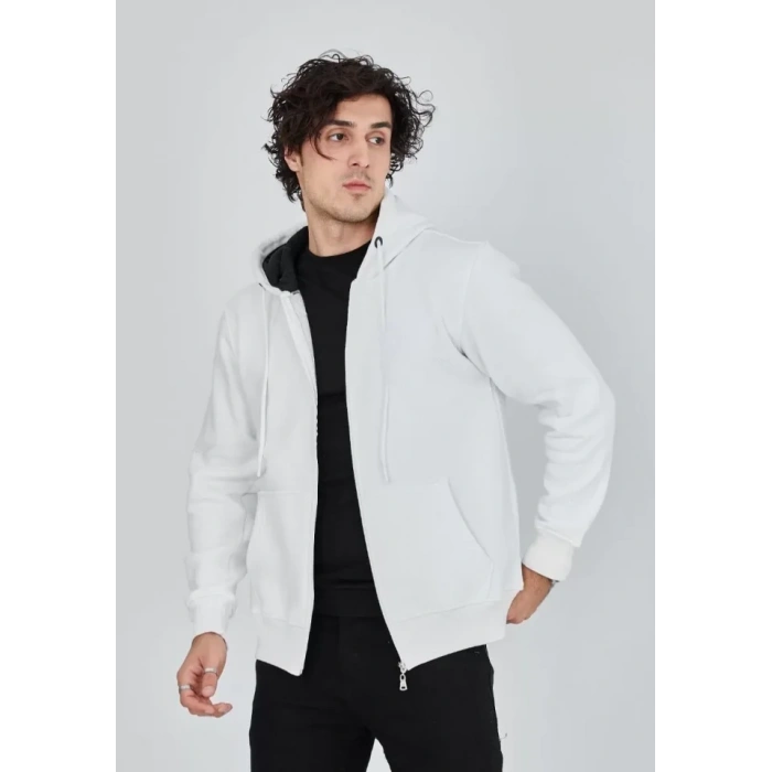 Biçomi Unisex Tam Fermuarlı Kapşonlu  SweatShirt - Beyaz