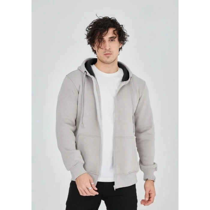 Biçomi Unisex Tam Fermuarlı Kapşonlu  SweatShirt - Boyalı Gri