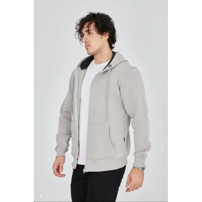 Biçomi Unisex Tam Fermuarlı Kapşonlu  SweatShirt - Boyalı Gri