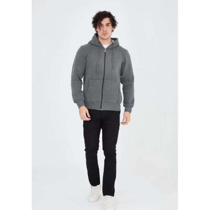 Biçomi Unisex Tam Fermuarlı Kapşonlu  SweatShirt - Füme