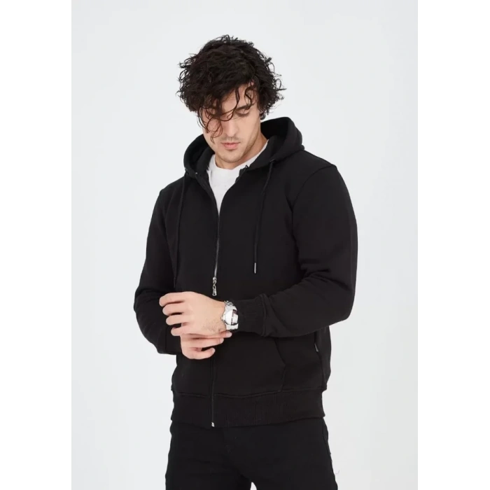 Biçomi Unisex Tam Fermuarlı Kapşonlu  SweatShirt - Siyah