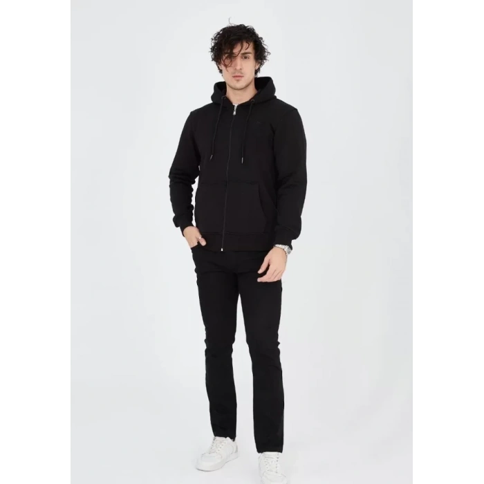 Biçomi Unisex Tam Fermuarlı Kapşonlu  SweatShirt - Siyah