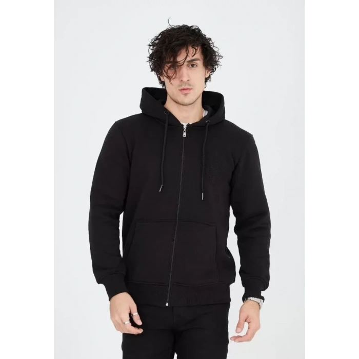 Biçomi Unisex Tam Fermuarlı Kapşonlu  SweatShirt - Siyah