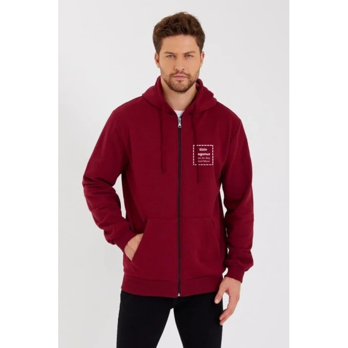 Biçomi Unisex Tam Fermuarlı Kapşonlu Özel Tasarım SweatShirt - Bordo