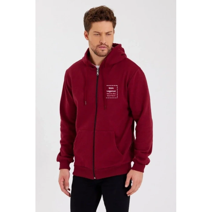 Biçomi Unisex Tam Fermuarlı Kapşonlu Özel Tasarım SweatShirt - Bordo
