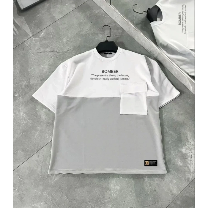 Biçomi Unisex Torba Cep Detaylı  Parçalı T-Shirt - Gri