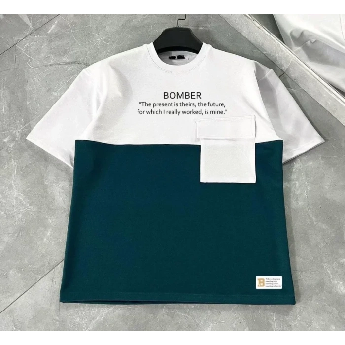 Biçomi Unisex Torba Cep Detaylı  Parçalı T-Shirt - Lacivert