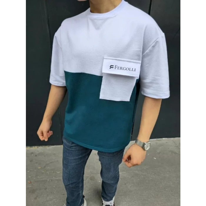 Biçomi Unisex Torba Cep Detaylı  Parçalı T-Shirt - Lacivert
