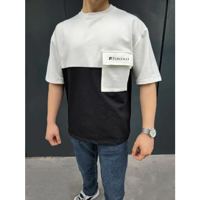 Biçomi Unisex Torba Cep Detaylı  Parçalı T-Shirt - Siyah