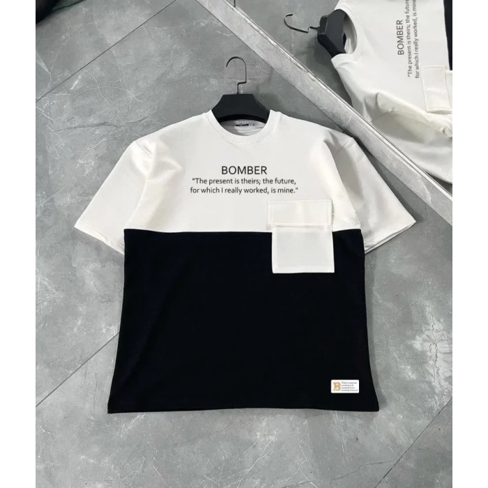 Biçomi Unisex Torba Cep Detaylı  Parçalı T-Shirt - Siyah