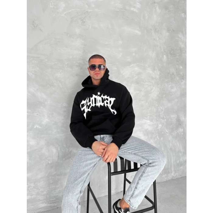Biçomi Unisex Üç İplik Kapşonlu Baskılı SweatShirt - Siyah