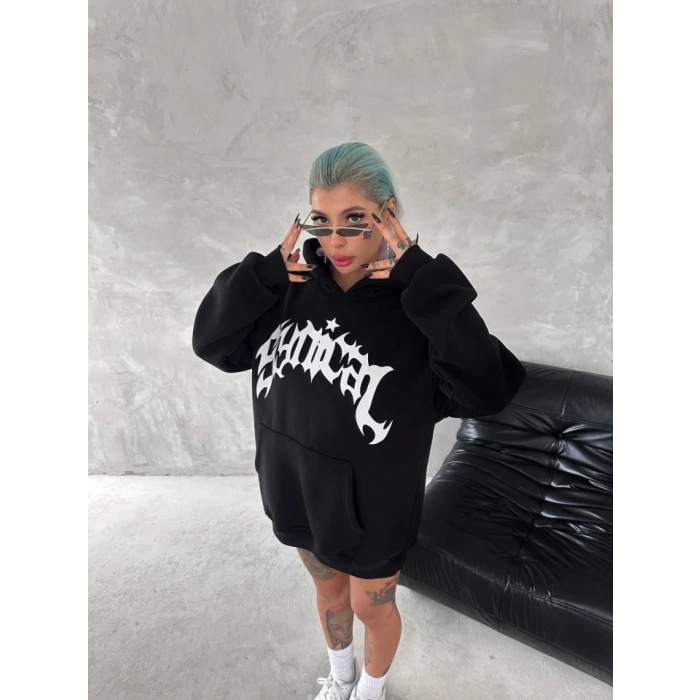 Biçomi Unisex Üç İplik Kapşonlu Baskılı SweatShirt - Siyah