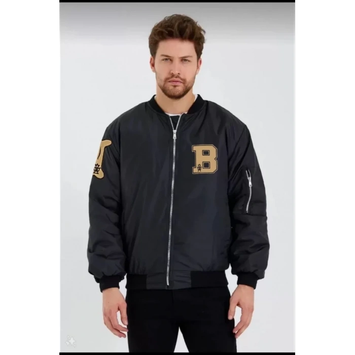 Biçomi Unisex Uzun Kol Baskılı Bomber Ceket - Siyah
