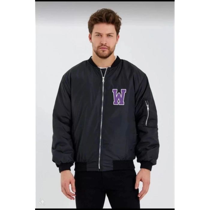 Biçomi Unisex Uzun Kol Baskılı Bomber Ceket - Siyah