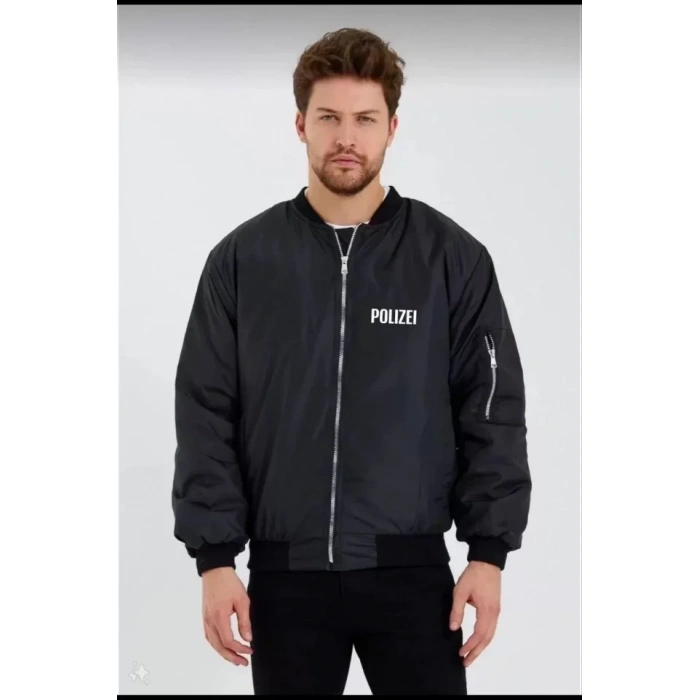 Biçomi Unisex Uzun Kol Baskılı Bomber Ceket - Siyah
