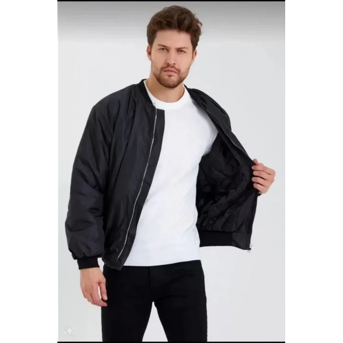 Biçomi Unisex Uzun Kol Baskılı Bomber Ceket - Siyah
