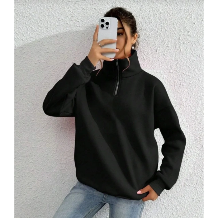 Biçomi Unisex Uzun Kol Yarım Farmuarlı Yakalı Basic SweatShirt - Siyah