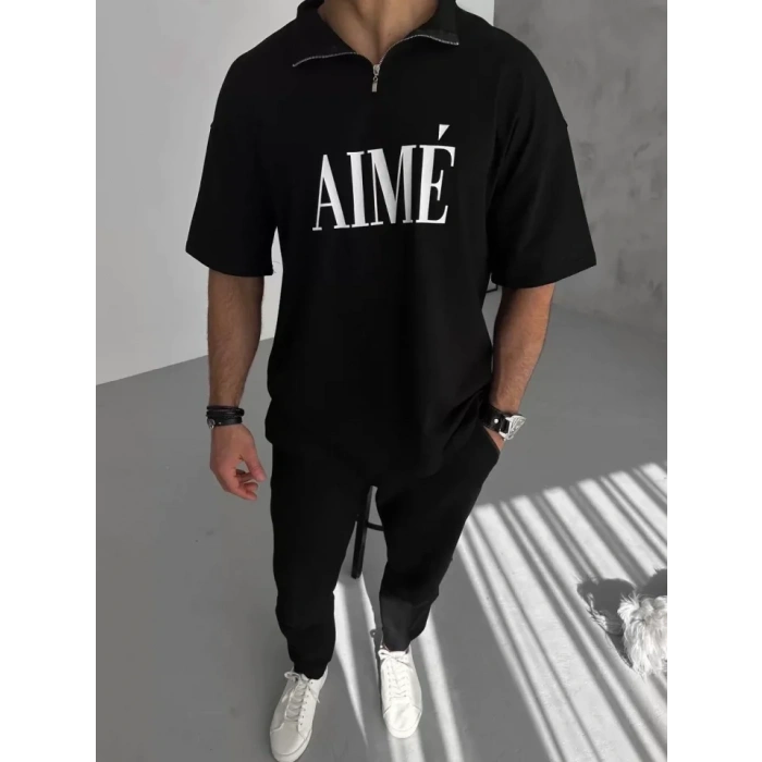 Biçomi Unisex Yarım Fermuarlı Baskılı T-Shirt - Siyah