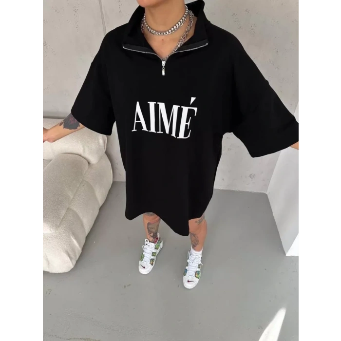 Biçomi Unisex Yarım Fermuarlı Baskılı T-Shirt - Siyah