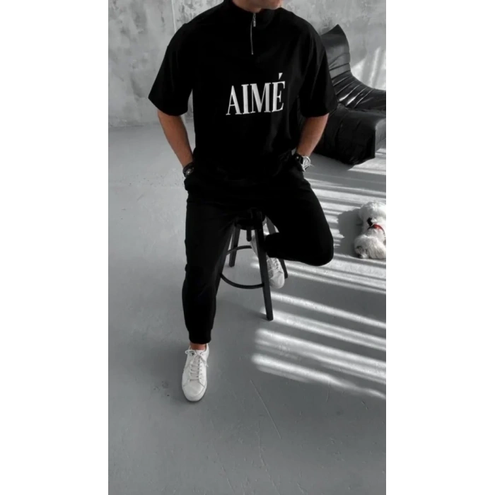 Biçomi Unisex Yarım Fermuarlı Baskılı T-Shirt - Siyah