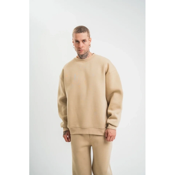 Biçomi Uzun Kol Bisiklet Yaka Basic SweatShirt - Bej