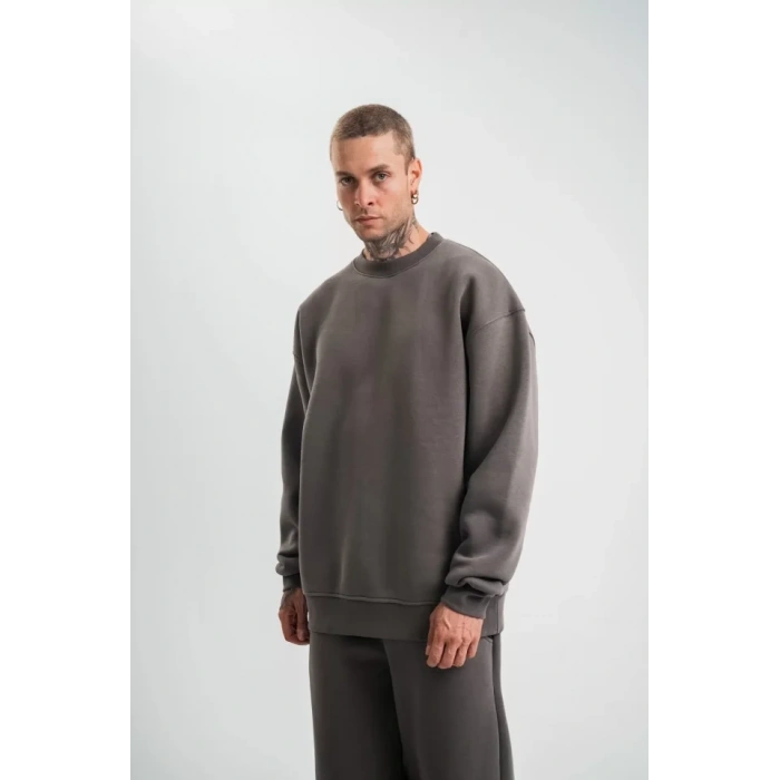 Biçomi Uzun Kol Bisiklet Yaka Basic SweatShirt - Füme