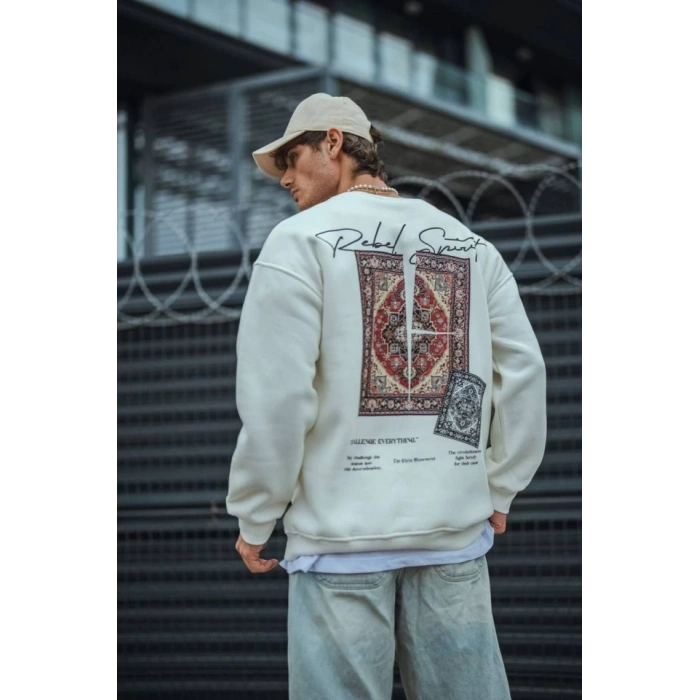 Biçomi Uzun Kol Bisiklet Yaka Baskılı SweatShirt - Beyaz