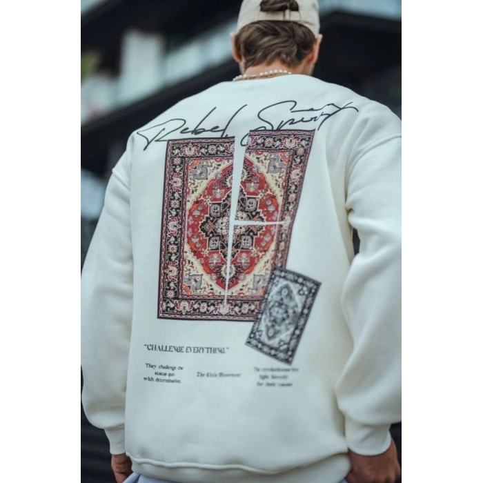 Biçomi Uzun Kol Bisiklet Yaka Baskılı SweatShirt - Beyaz