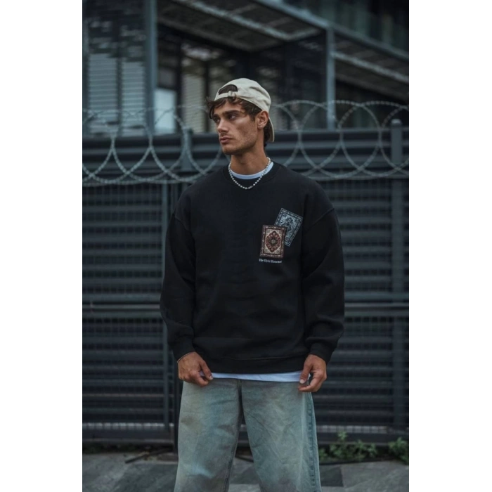 Biçomi Uzun Kol Bisiklet Yaka Baskılı SweatShirt - Siyah