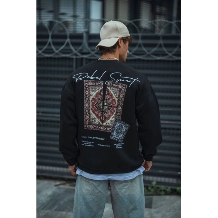 Biçomi Uzun Kol Bisiklet Yaka Baskılı SweatShirt - Siyah