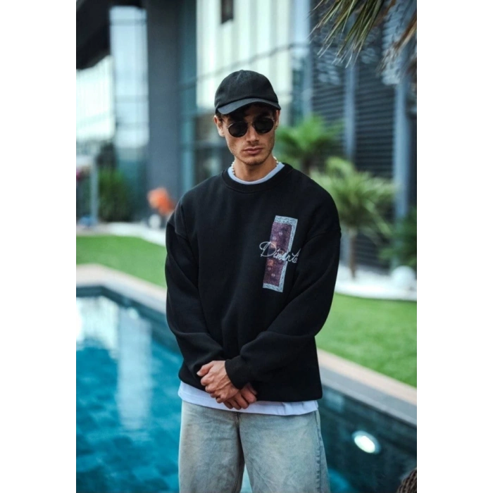 Biçomi Uzun Kol Bisiklet Yaka Ön Ve Arka Baskılı SweatShirt - Siyah