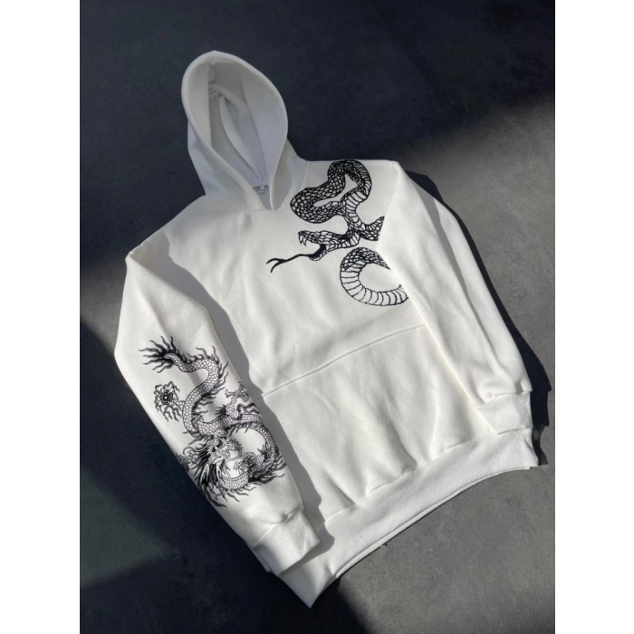 Biçomi Uzun Kol Kapşonlu Baskılı SweatShirt - Beyaz