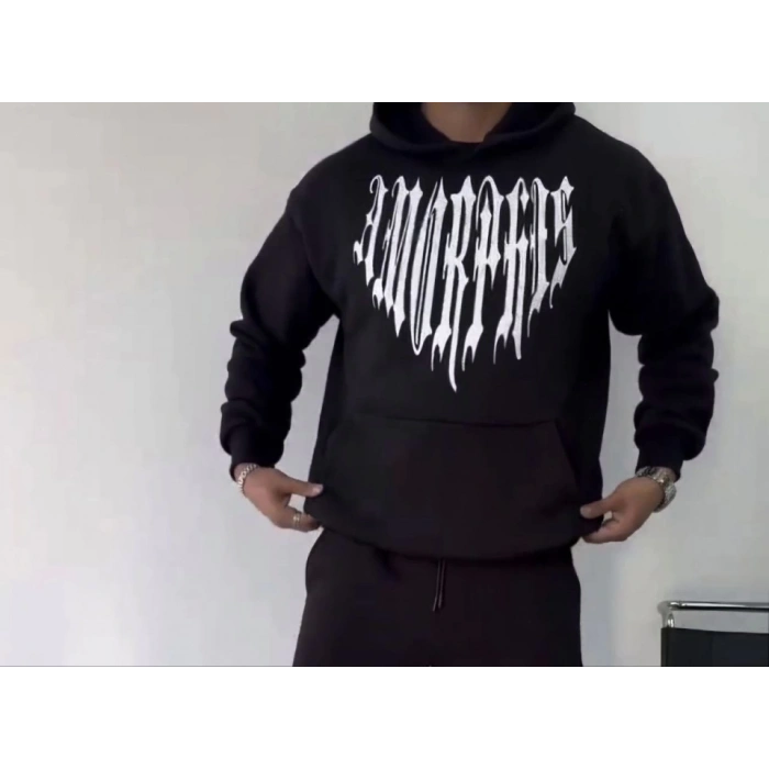 Biçomi Uzun Kol Kapşonlu Baskılı SweatShirt - Siyah