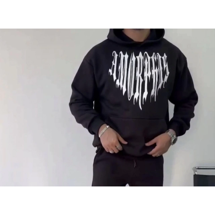 Biçomi Uzun Kol Kapşonlu Baskılı SweatShirt - Siyah