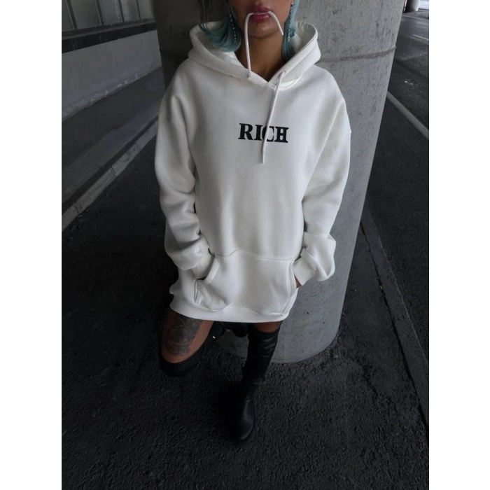 Biçomi Uzun Kol Kapşonlu Göğüs Baskılı SweatShirt - Beyaz
