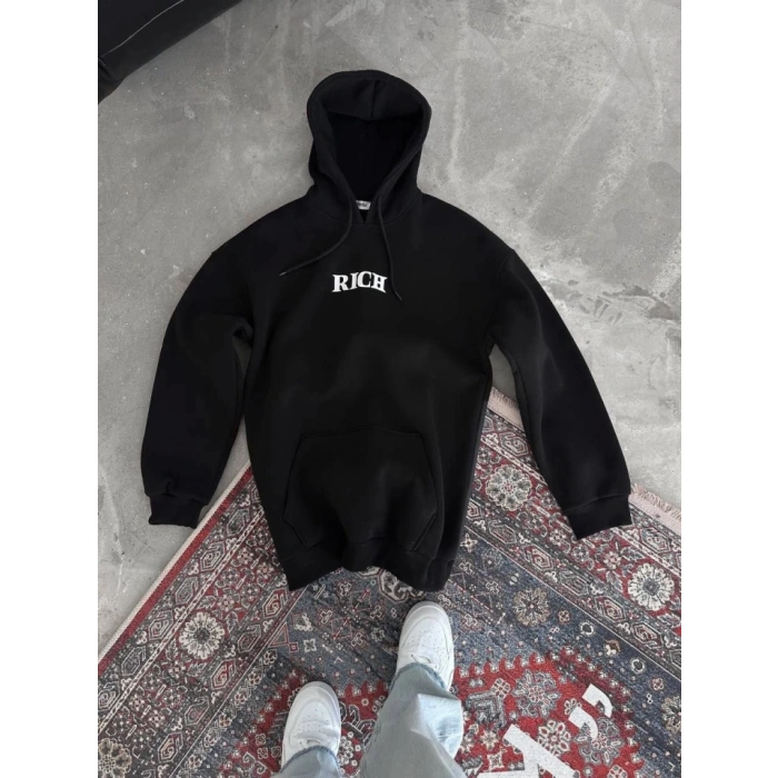 Biçomi Uzun Kol Kapşonlu Göğüs Baskılı SweatShirt - Siyah