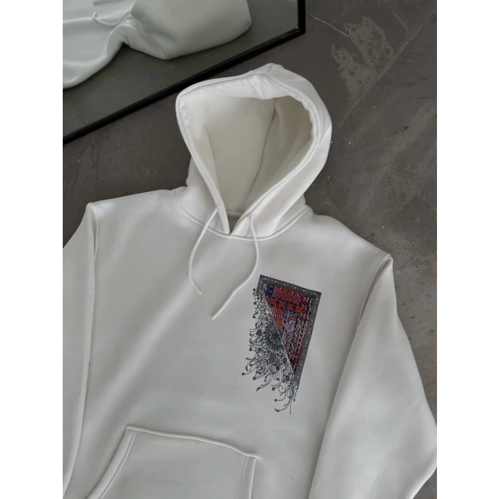 Biçomi Uzun Kol Kapşonlu Ön Ve Arka Baskılı SweatShirt - Beyaz