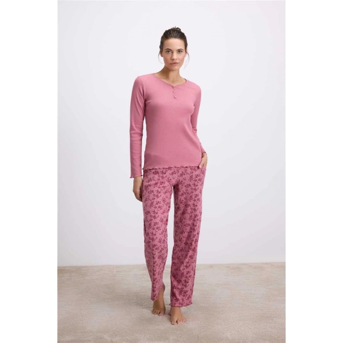 Bicomi Uzun Kollu T-Shirt ve Desenli Pantolon Pijama Takımı