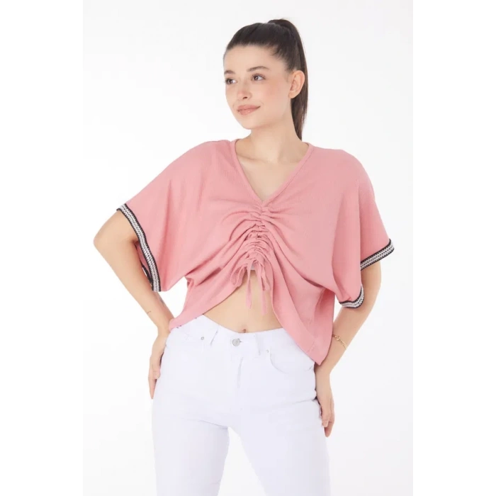 BİÇOMİ V yaka büzgülü detaylı bluz
