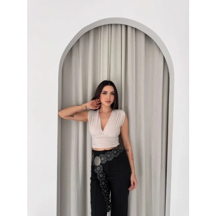 Biçomi Vatkalı Kolsuz V Yaka Drapeli Crop Bluz Likralı Fit - Boyalı Gri