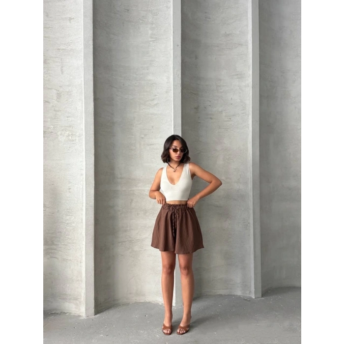 BİÇOMİ Volanlı keten şort kahve s255058