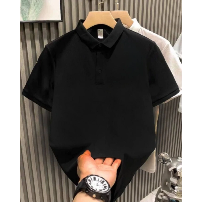 Biçomi Yakası Düğmeli Yakalı Pike Düz T-Shirt - Siyah