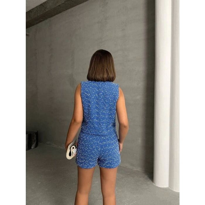 BİÇOMİ Yelekli şort takım saks