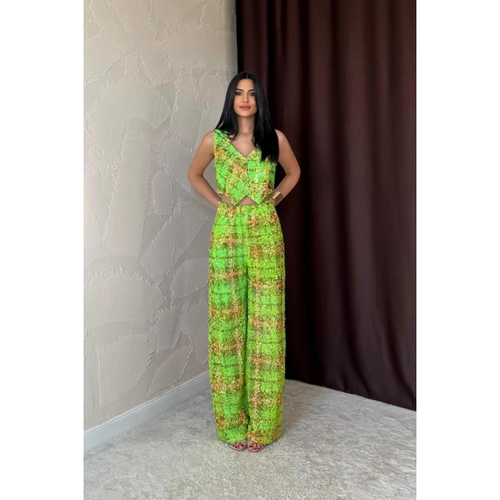 Biçomi Yeşil Pullu Yelek Ve Pantolon Takım
