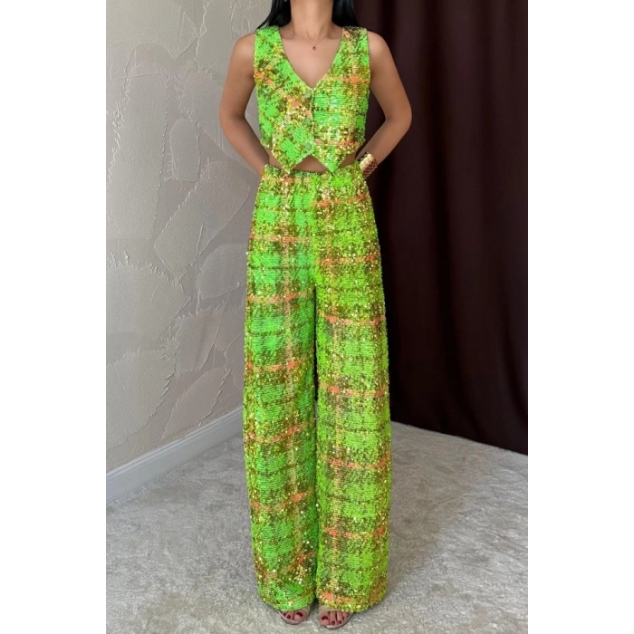 Biçomi Yeşil Pullu Yelek Ve Pantolon Takım