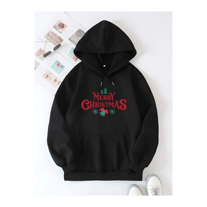 Biçomi Yılbaşı Merry Christmas Baskılı Oversize Kapüşonlu Sweatshirt Hoodie - Siyah