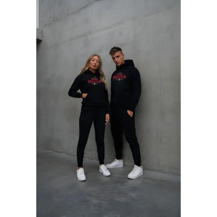 Biçomi Yılbaşı Merry Christmas Baskılı Oversize Kapüşonlu Sweatshirt Hoodie - Siyah